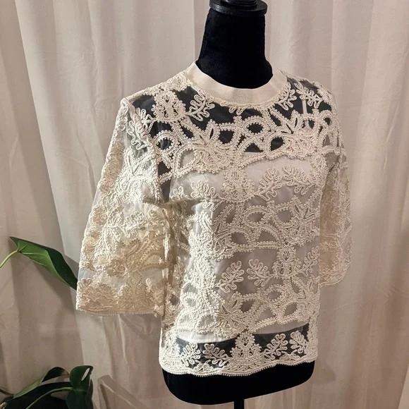 Current Air Women's Beige Lace-Trim Blouse - Picture 3 of 10